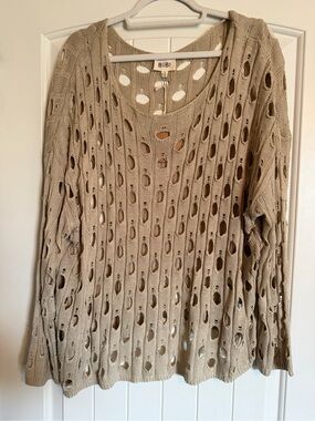 NWT BIBI Distressed Open Knit Sweater Top Beige Size S Boho